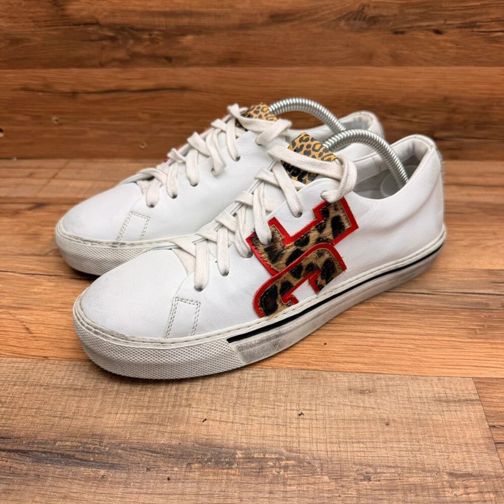 JustCavalli women size 6 Eu36 Low-Top White Leather Leopard Logo Sneakers